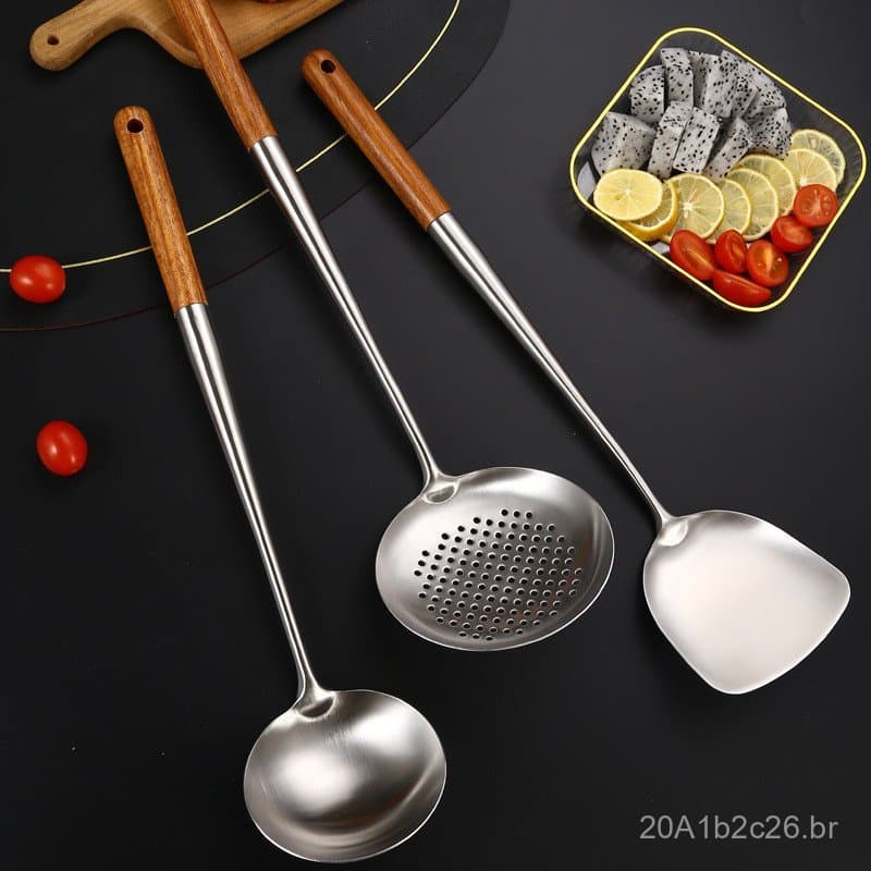 Conjunto de utensílios de cozinha em aço inoxidável 304 com cabo de madeira alongado, espátula para culinária doméstica,