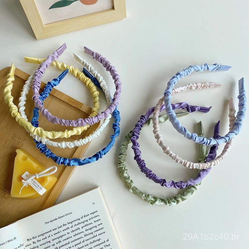 Tiara plissada fina e simples, estilo coreano, moderna, com cor sólida e aparência delicada, ideal para lavar o rosto, a