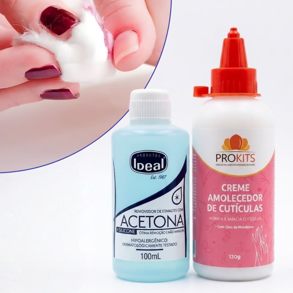Kit Amolecedor de Cutículas Prokits 130g + Acetona Ideal 100ml Manicure Profissional Unhas