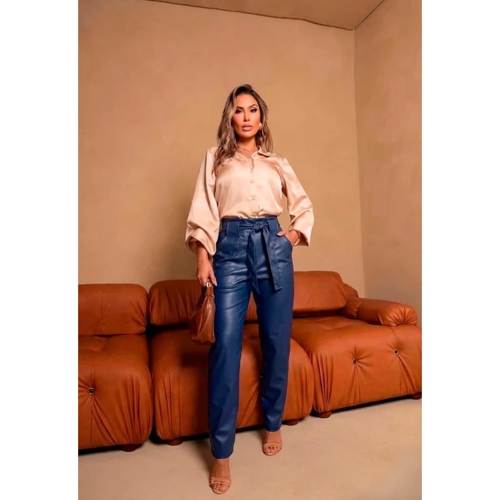 Calça Feminino Couro P.u Cinto De Amarração Elegante 1862