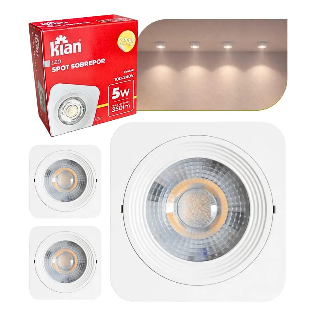 Kit 3 Spot Led Sobrepor Quadrado Branco 5w 3000k Kian