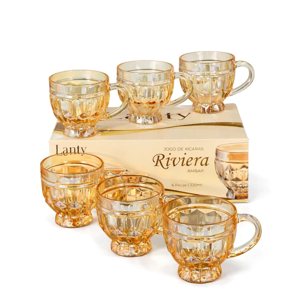 Jogo 6 Xícaras De Vidro Âmbar Café Chá Riviera Luxo 220ml - Lanty
