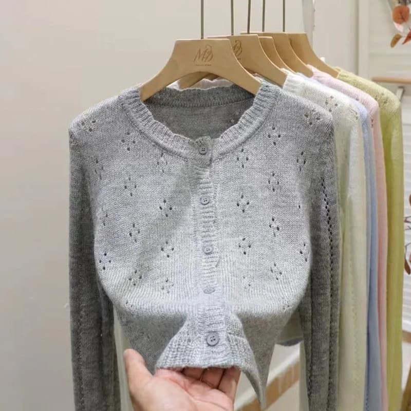 Cardigan de malha de renda oca feminino novo estilo elegante All-Match macio ceroso curto topo cinza