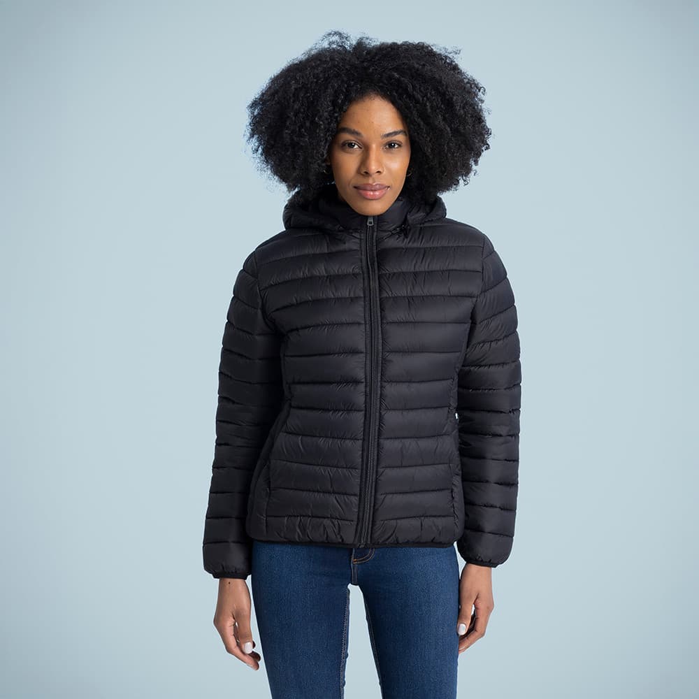Jaqueta Puffer Bobojaco Feminina Gola Alta Preto Com Capuz Removível