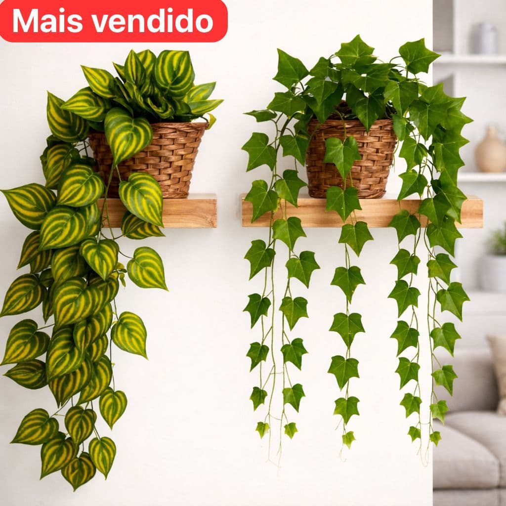 Kit Enfeite Parede com 2 Plantas Caídas Artificiais Verde e 1 Suporte em Vaso Trançado Decorativo