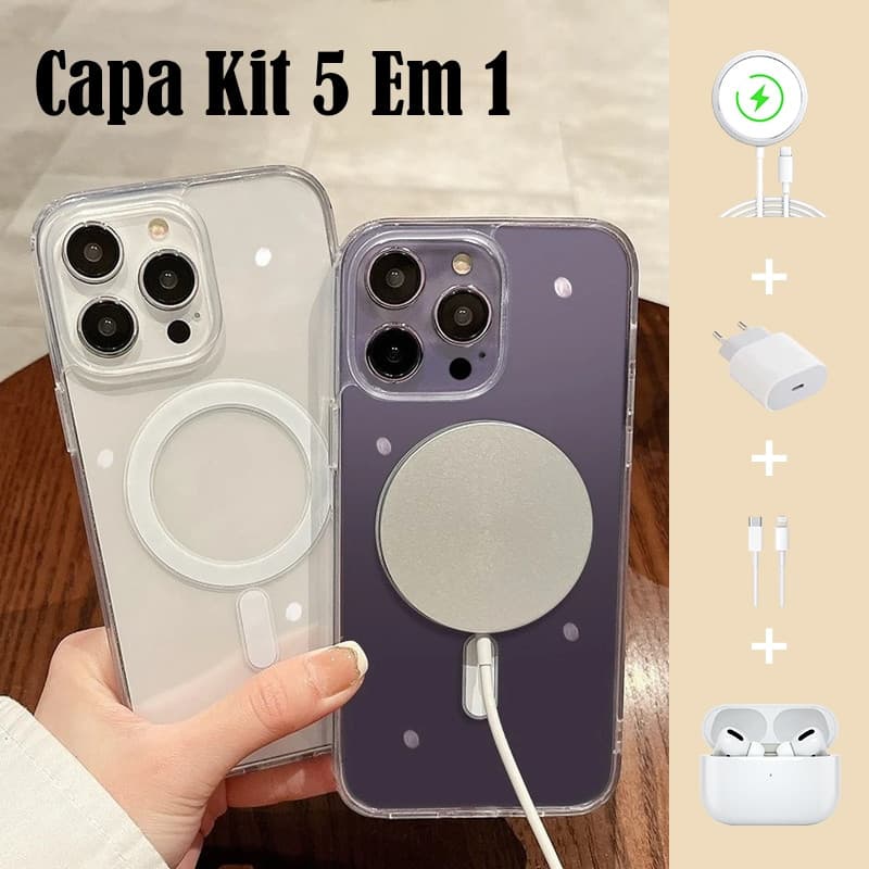 Novo Kit MagSafe 5 em 1 para iPhone 11-16 Pro - Capa Cabo Dados Carregador Sem Fio Rápido AirPods 3 Estoque Envio SP