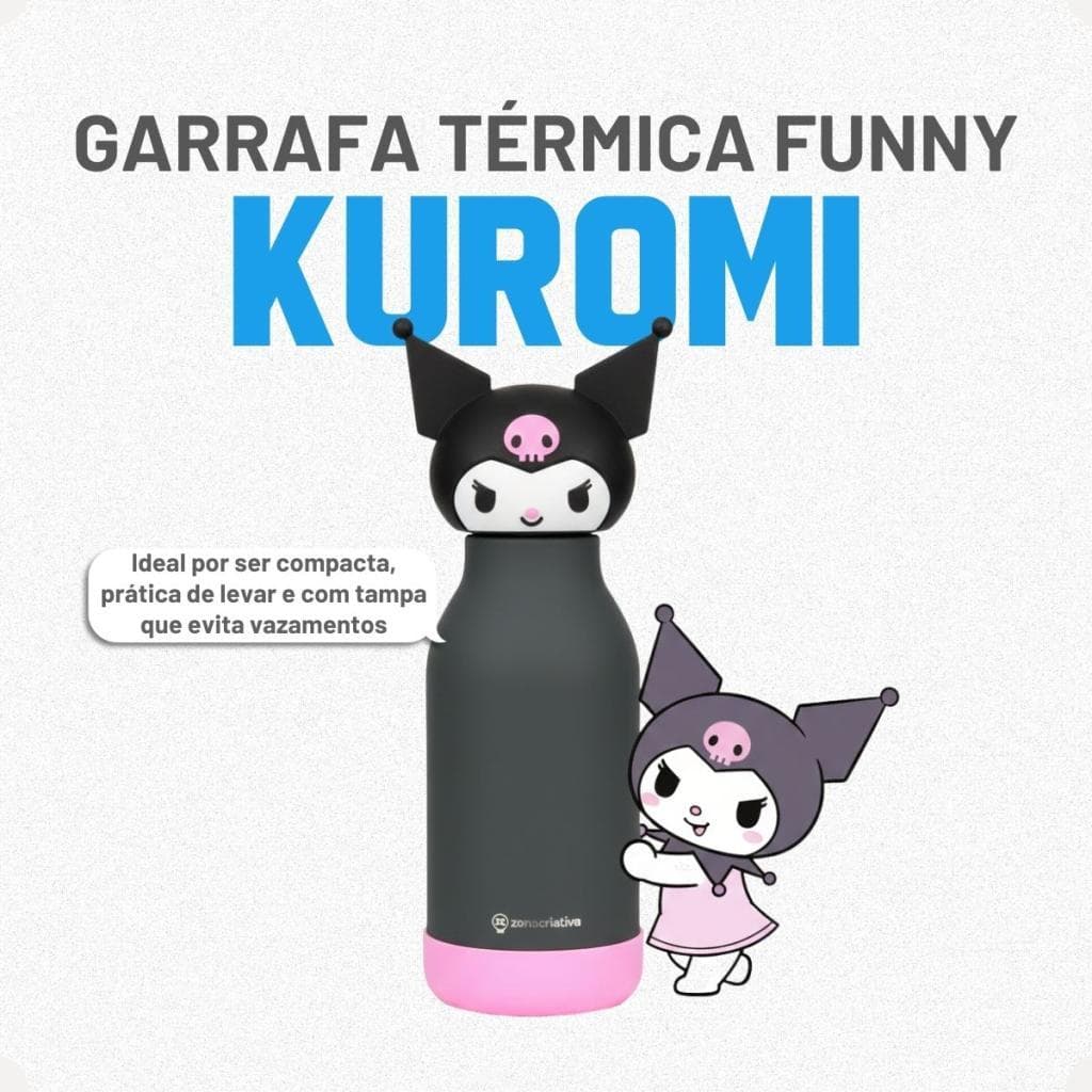 Garrafa Térmica Funny Kuromi 500ml Inox Kawaii Sanrio Infantil Tampa Vedada Escola Viagem Estilo