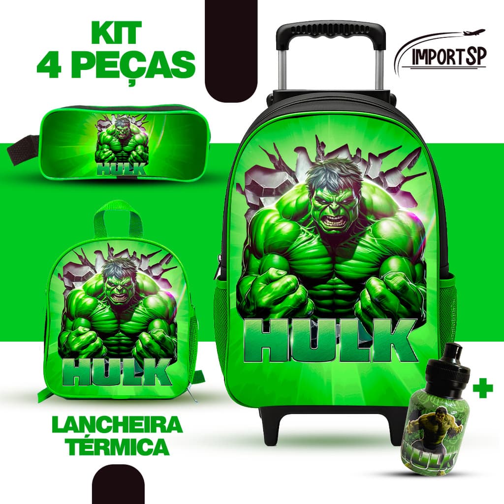Mochila escolar de Rodinha + Lancheira Termica e estojo Hulk