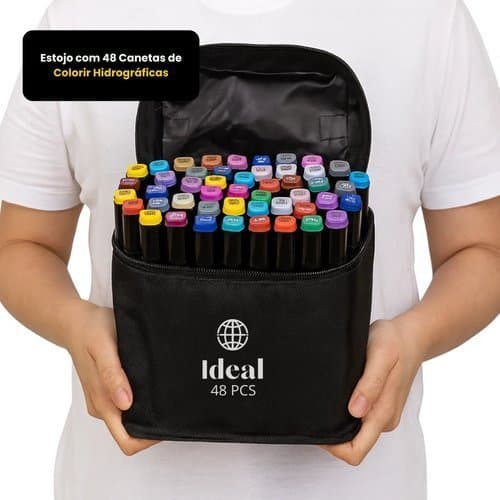 Estojo Canetas Hidrográficas Coloridas 48 Cores Variedade Intensa Uso Escolar Artístico Canetas de Colorir