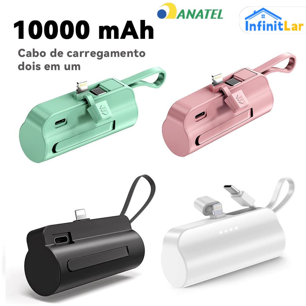 Recarga Rápida Sem Fio: Mini Power Bank 10000mAh 2em1 com Entradas iPhone e USB-C