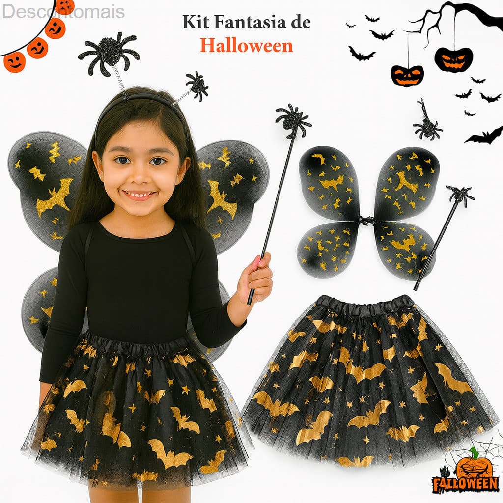 (V)Fantasia Infantil Halloween com Asas, Varinha e Saia 30cm – Fada Morcego DouradaTK0C
