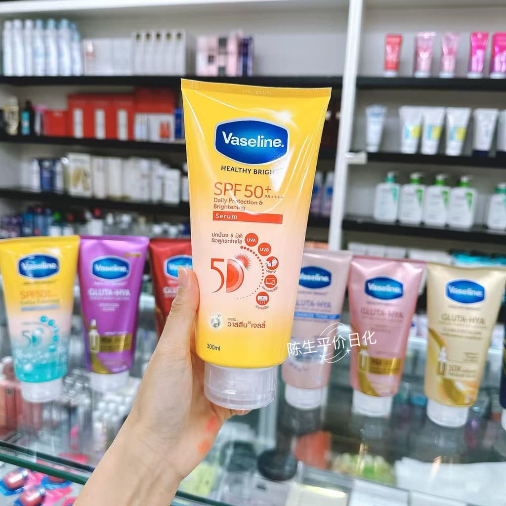 Loção corporal com protetor solar clareador de vaselina da Tailândia SPF50+Loção corporal com essência de vaselina 300ml