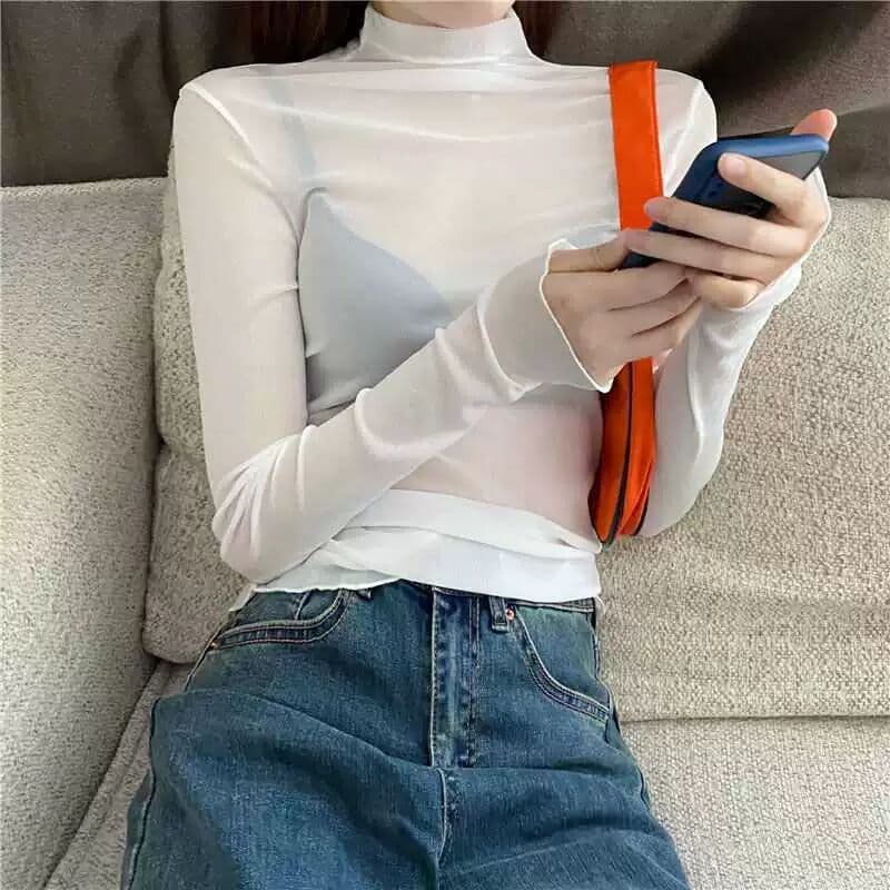 Camisa Feminina de Gola Alta com Base em Malha e Bordas Franzidas, Estilo Básico para Início do Outono 2026