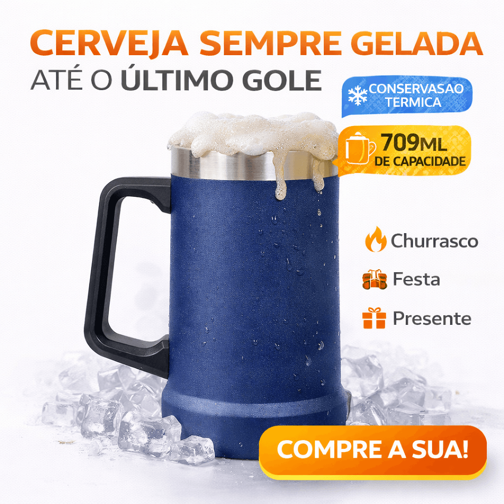 Caneca Térmica Cerveja 709ml Inox Parede Dupla Mantém Gelado Com Alça Chopp Grande Azul