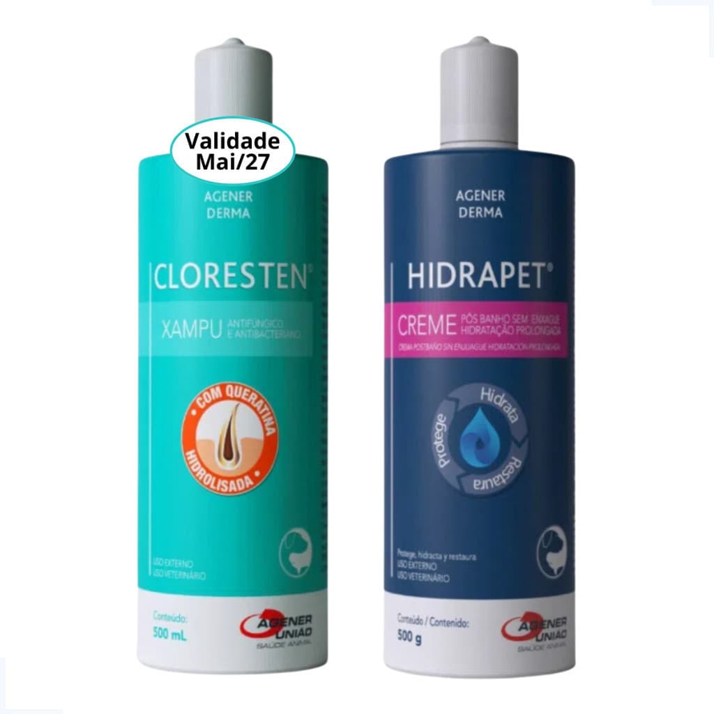 Kit Shampoo Cloresten 500ml + Hidrapet Creme 500g Cães E Gatos