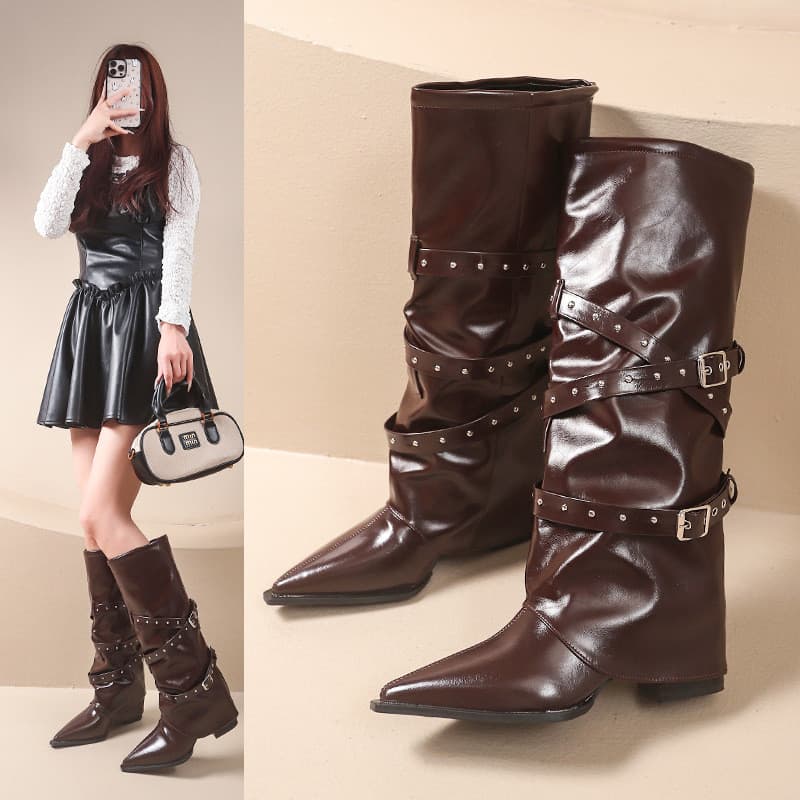 2025 outono apontou Toe cruz cinto fivela de salto alto moda botas tamanho grande salto grosso Retro rebites manga botas