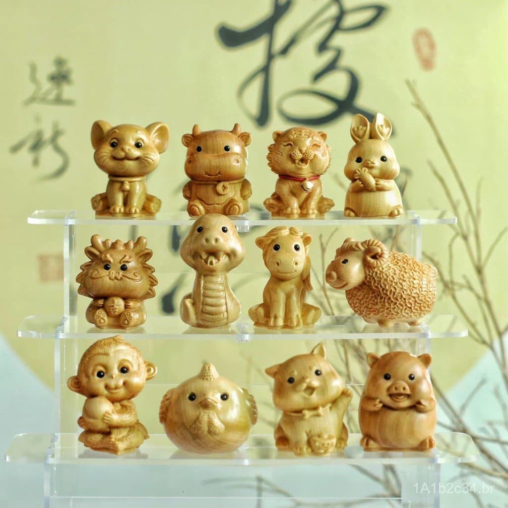 Figuras de madeira esculpidas de pequenos animais fofos dos doze signos do zodíaco, ornamentos criativos para decoração