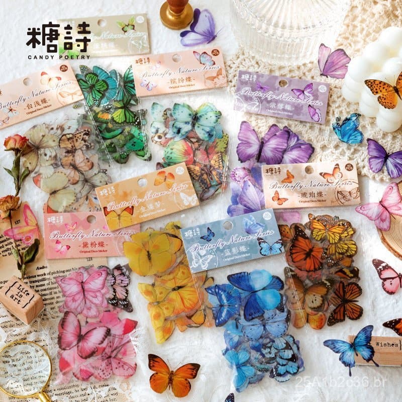 Pacote de Adesivos PET Sugar Poetry, Série Natureza Borboleta, Adesivos Artísticos Vintage de Tamanho Pequeno para Colag