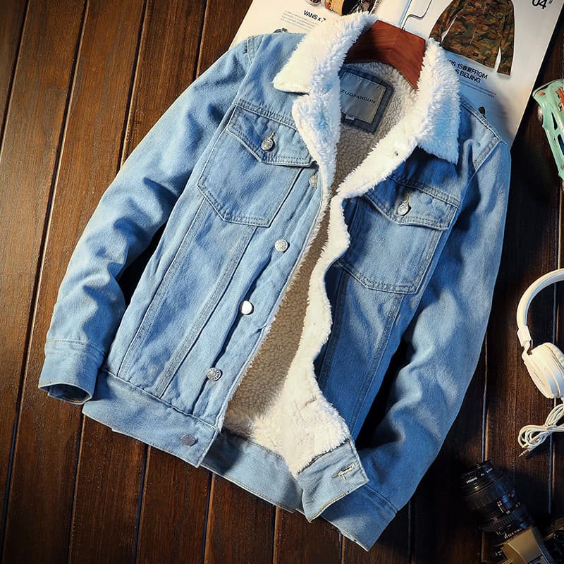 Forro de lã de inverno engrossado jaqueta jeans de cor clara masculina versão coreana na moda jaqueta de lã de cordeiro