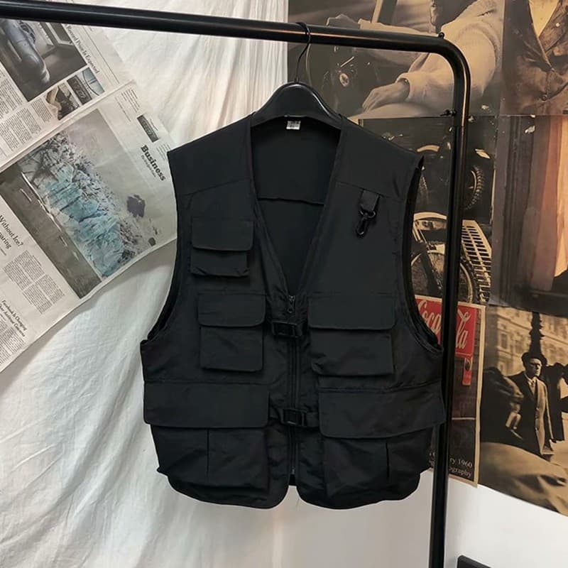 Colete de algodão puro colete masculino na moda sem mangas função Multi-bolso macacão colete jaqueta masculina Street We