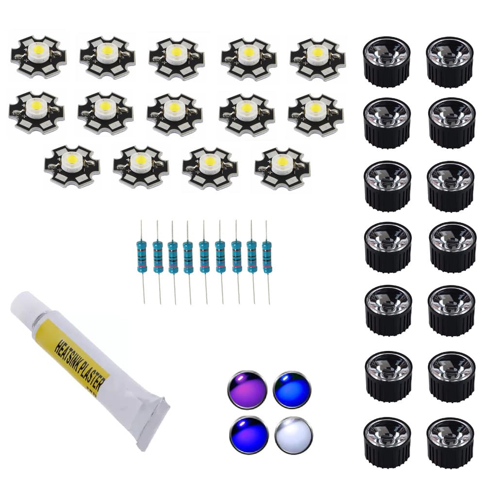 Kit Iluminação LED 3W Aquário Marinho 80L Azul UV Branco Frio Lentes PCB Cola Resistores Alto Brilho