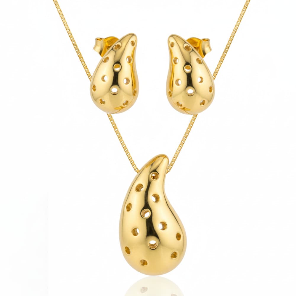 Conjunto de Colar e Brincos em Formato Gota Orgânica Esculpida Polida | Feminino | Banhado Ouro 18K | Antialérgico