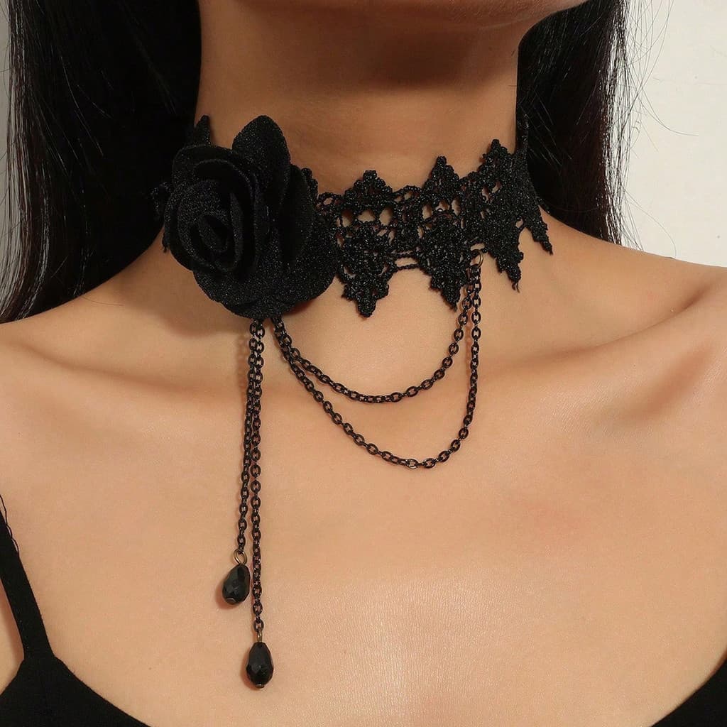 EM ESTOQUE > Joias europeias americanas acessórios de pérolas exageradas colar de renda retrô moda All-Match colar de ca