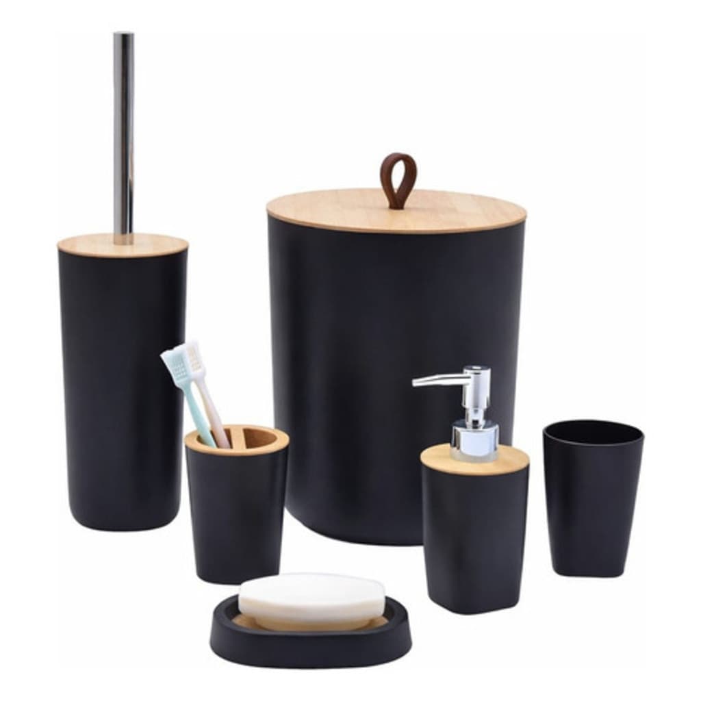 Kit Banheiro Moderno Bambu Com 6 Peças Lixeira Fechada Preto