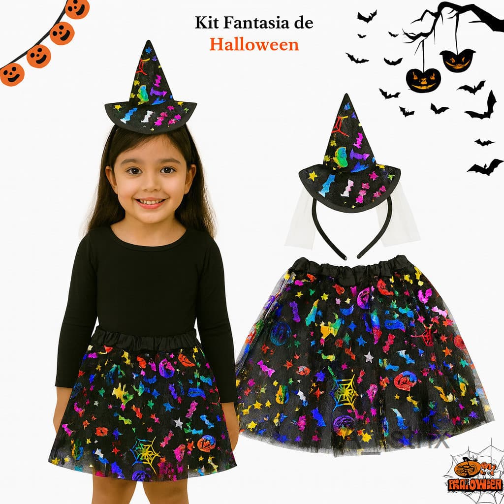 (V)Fantasia Infantil Halloween Bruxinha com Saia Colorida e Chapéu 🎩✨ZKAL