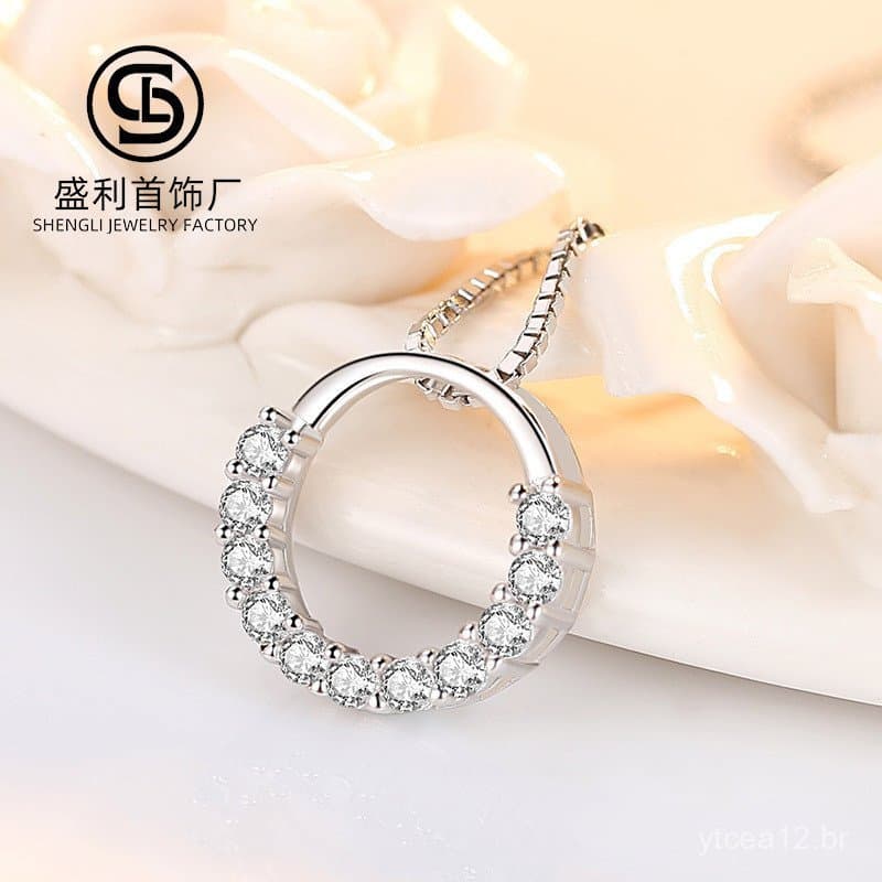 Colar feminino de prata pura s925 com pingente circular de zircônia, estilo coreano, colar curto e simples para clavícul