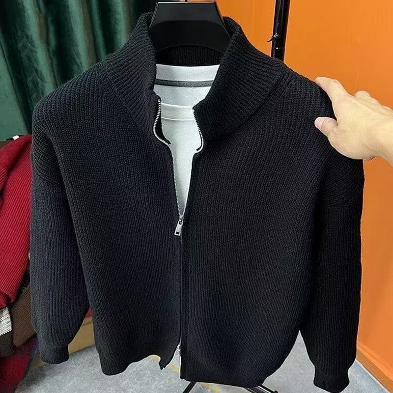 All-match cor sólida dupla cabeça zíper Cardigan malhas masculinas outono inverno solto Casual camisola jaqueta masculin