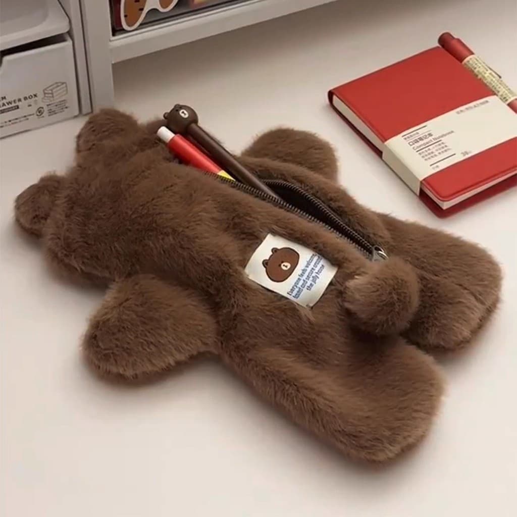 Bolsa De Papelaria De Pelúcia De Urso Marrom De Alta Aparência , Lápis Portátil Para Uso Diário Do Ensino Médio E