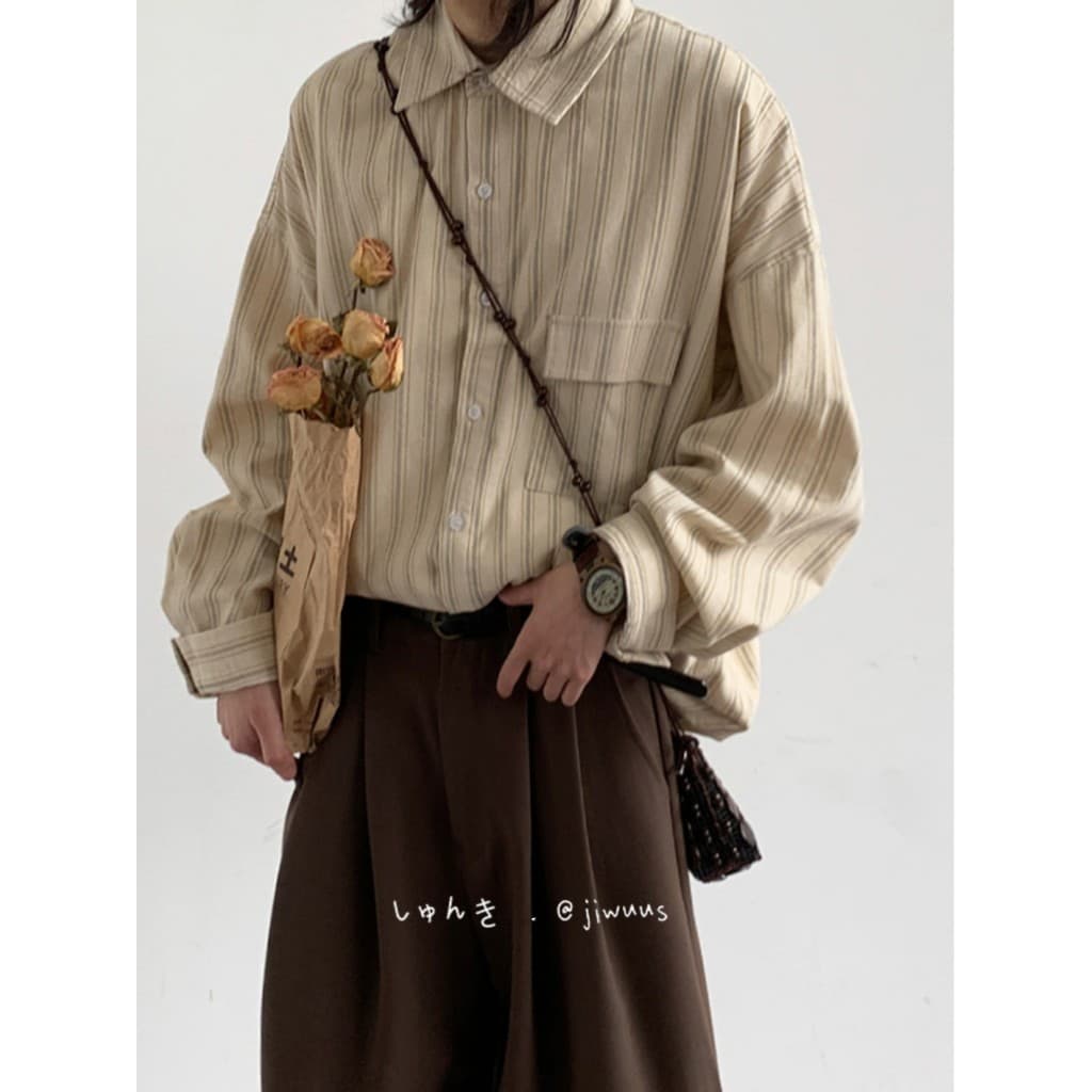 Primavera outono japonês Retro riscas camisa meninos meninas estilo Preppy solto Casual estilo preguiçoso camisa de velu