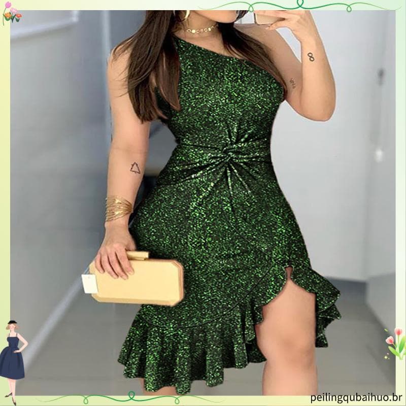 Vestido feminino sem manga um ombro glitter cor lisa babado slit club festa de baile de formatura