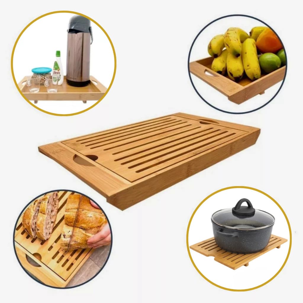 Tabua de Pão em Bambu Corte Migalheira de Pães Bolos Com Bandeja para Servir e Descanso de Panela