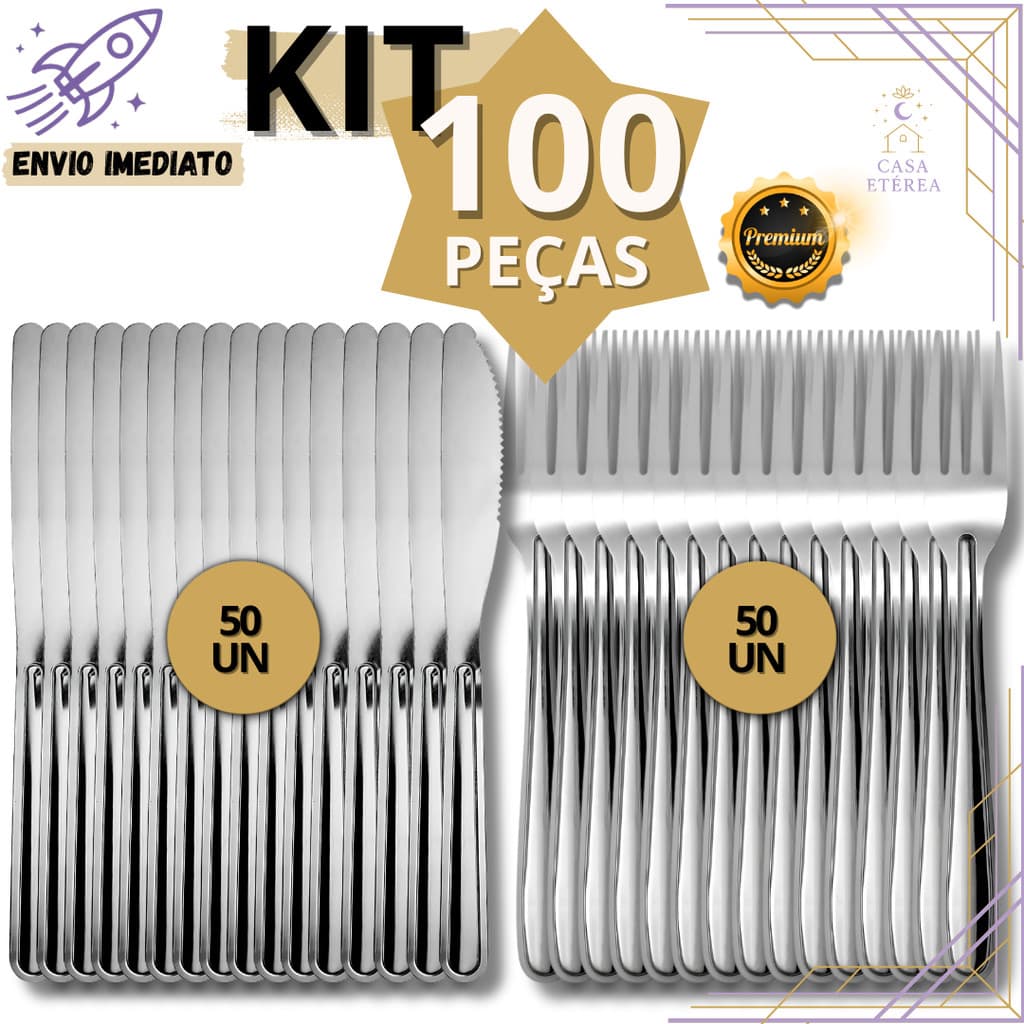 Jogo 100/84/72/48/36 Talheres de Inox Premium Garfos de Mesa Facas com Serra sem Ponta Talher Cozinha Restaurante Buffet