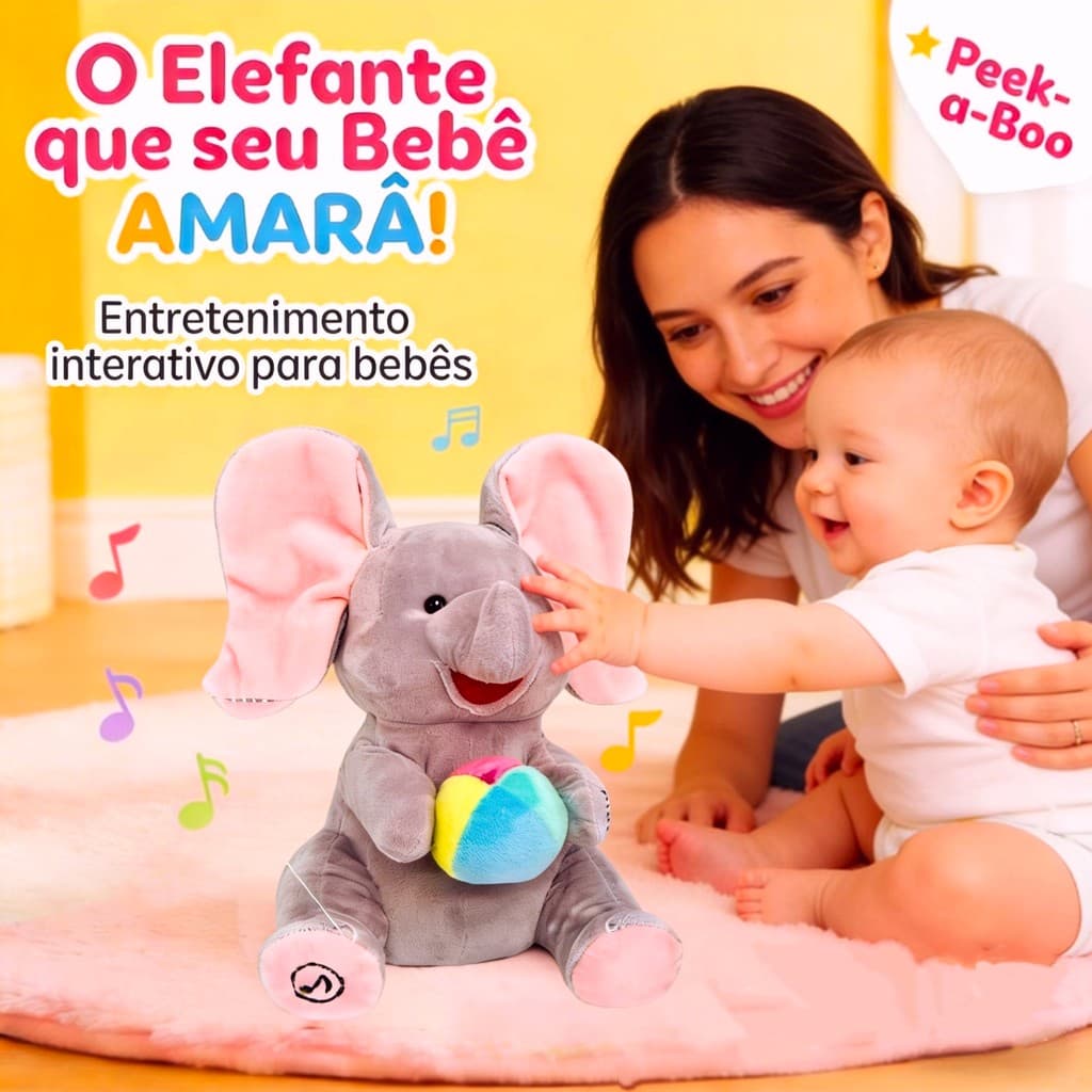 Elefante de Pelúcia Musical Interativo Peek-a-boo para Bebês Recém-nascido