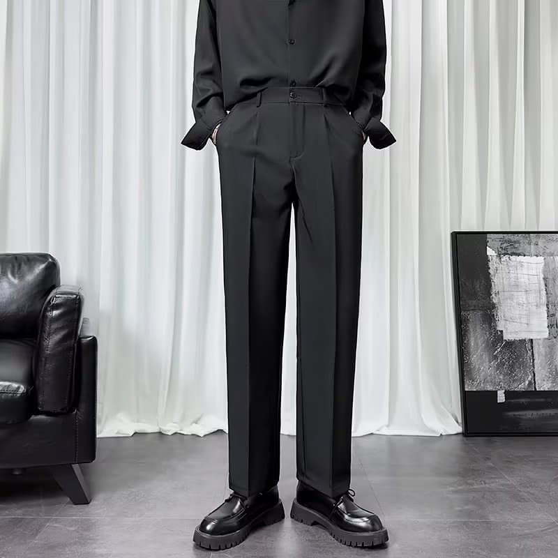 Primavera outono novo estilo calças casuais masculinas na moda Anti-rugas Drape solto perna larga preto cintura elástica