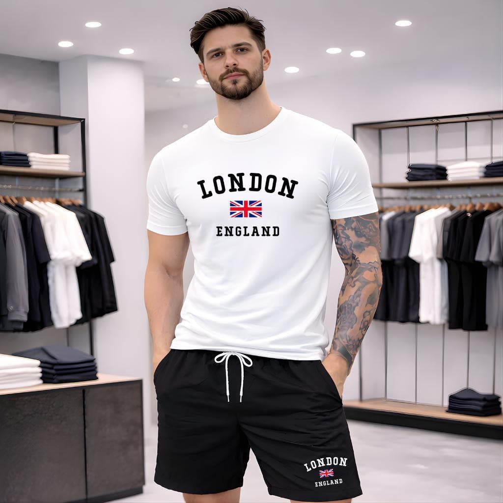 Conjunto London England Masculino Bermuda TACTEL Pto + Camiseta Premium Kit Masculino Mauricinho