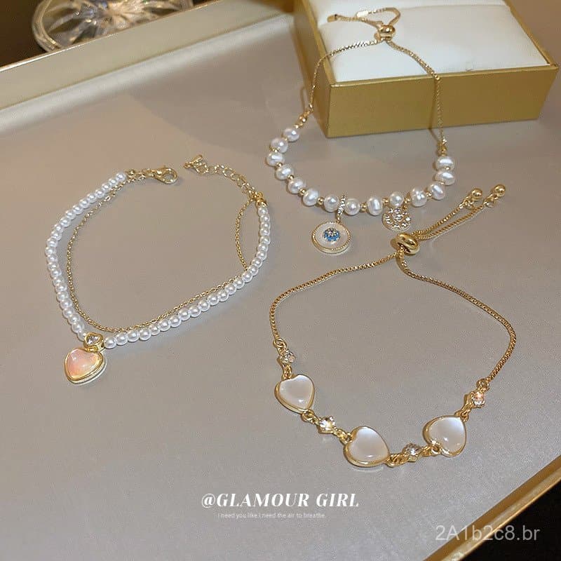 Pulseira de coração com flor de pérola e pedra olho de gato banhada a ouro verdadeiro, pulseira ajustável do estilo core