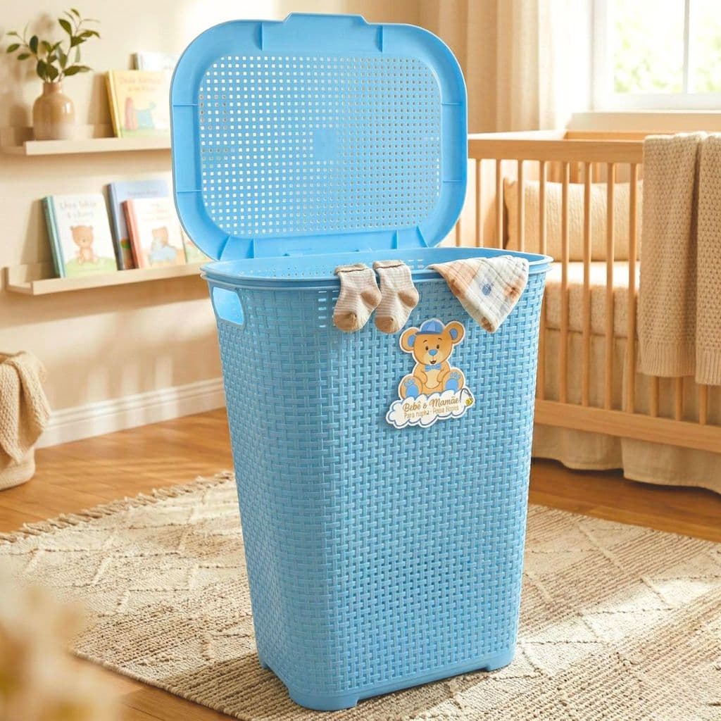 Cesto Infantil 30L Ventilado Bebê Mamãe Rosa, Azul e Branco