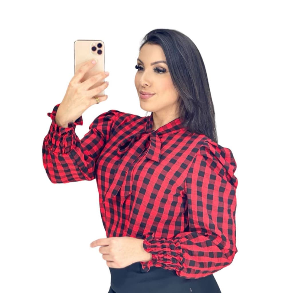 Blusa Feminina Evangelica Xadrez Duna Gola Laço Envio Imediato Premium