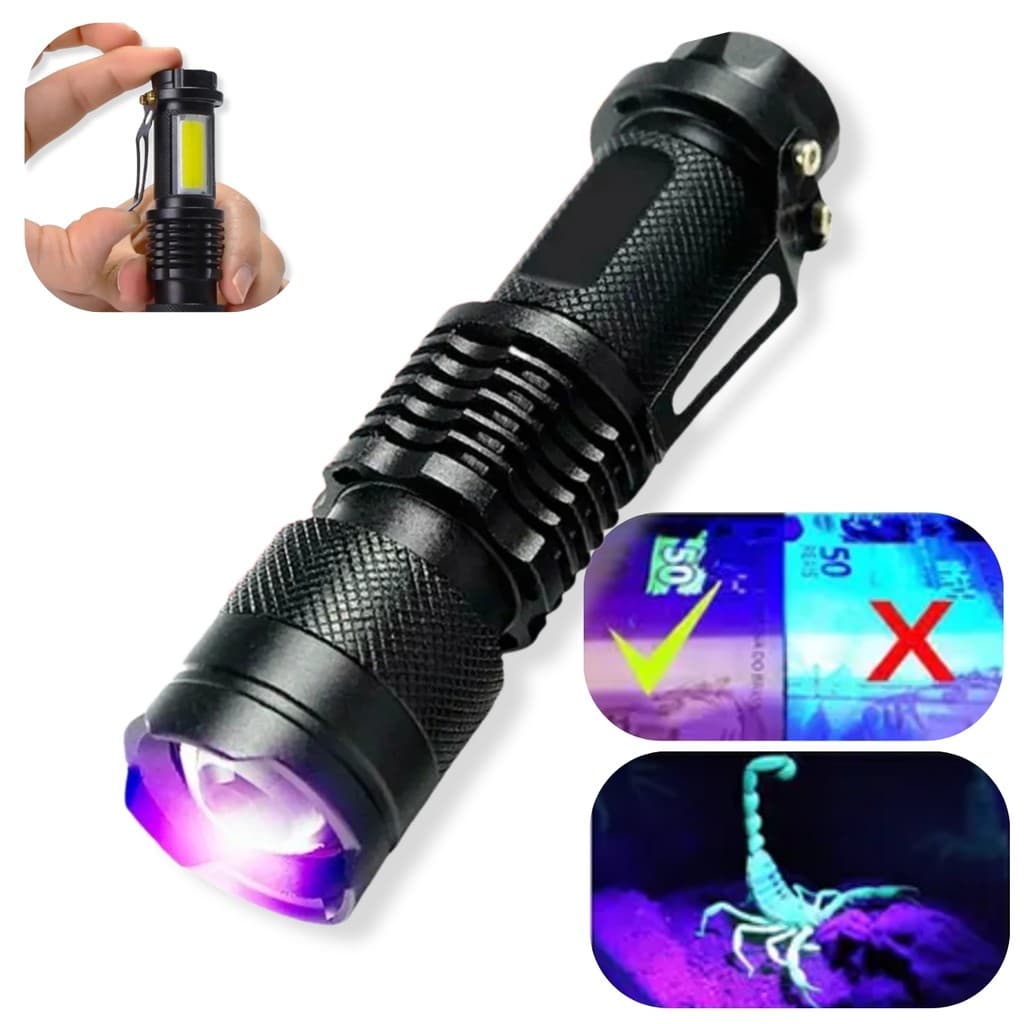 Lanterna Led Cree T6 Luz UV Ultra Violeta Branca C/ Foco Zoom Luz Emergência Usb Recarregável