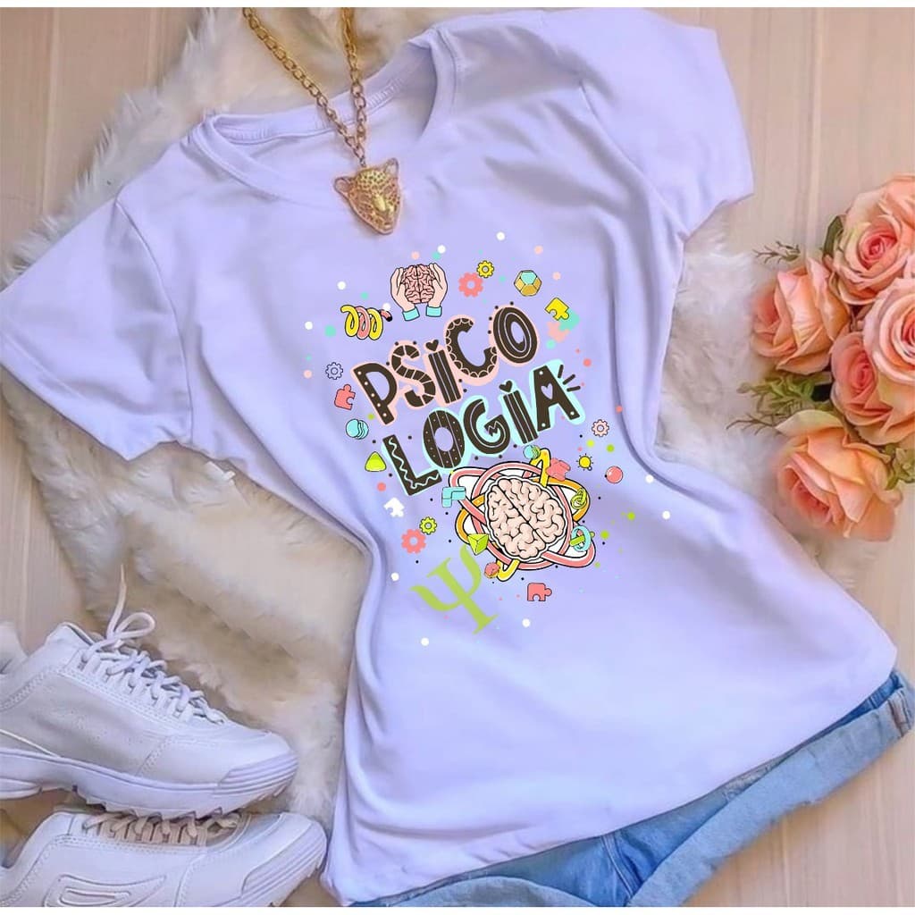 Camiseta Blusa T-shirt Feminina Psicologia 100% algodão estampada faculdade dia a dia