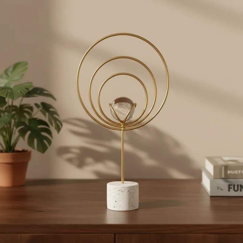 Escultura Decorativa Minimalista com Esfera de Vidro – Dourado
