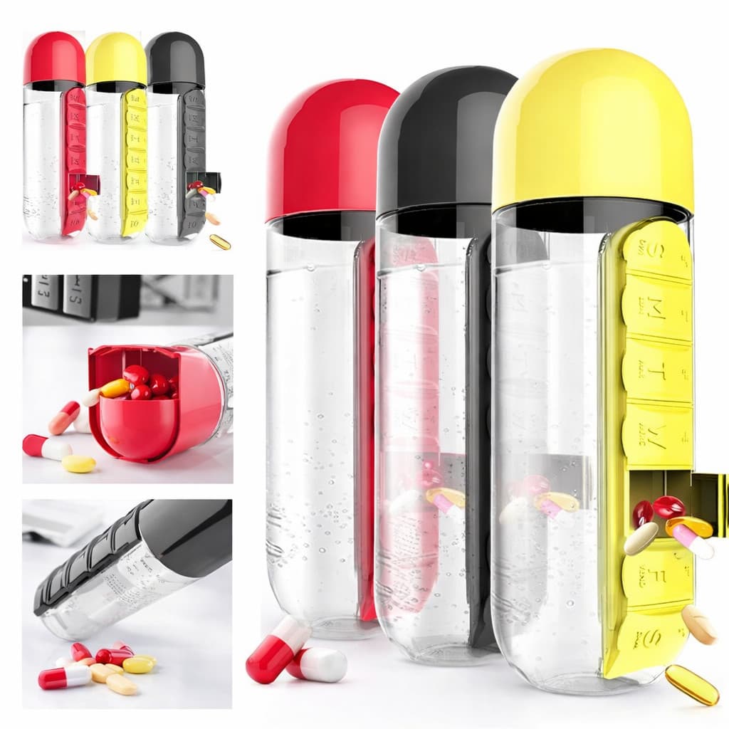 Garrafa para Academia Fitness de Água com Porta Comprimidos 600ML Lembrete de Comprimidos