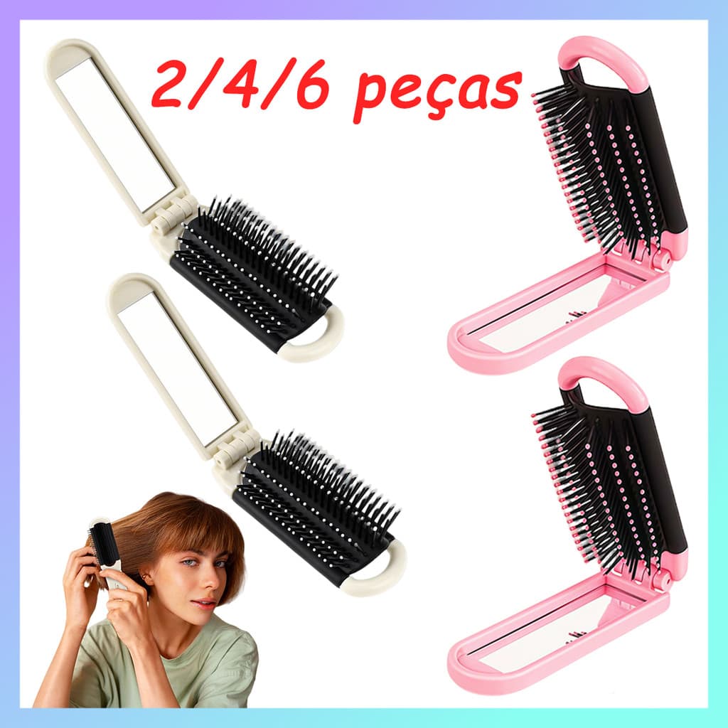 Escova de cabelo dobrável para massagem no couro cabeludo, mini antiestática, com espelho, compacta e portátil