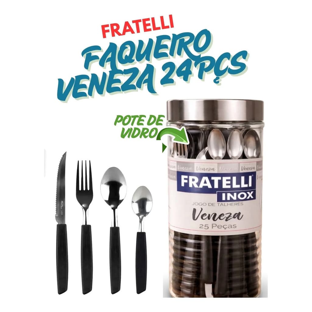 Jogo de Talheres Faqueiro Jantar Veneza com Pote de Vidro 25 Peças