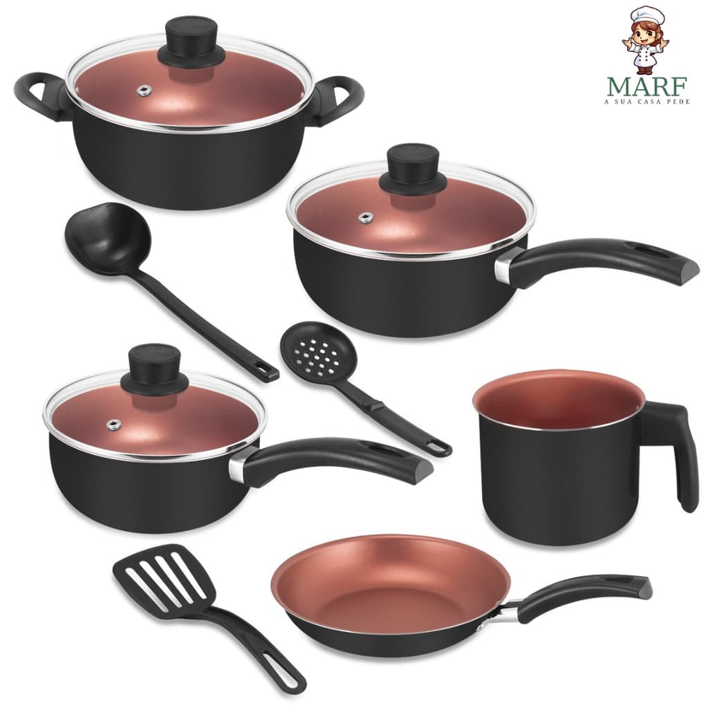 Kit Cozinha Completa 8 Peças Antiaderente Teflon Premium 5 Camadas com Tampa de Vidro + Talheres – Preto com cobre
