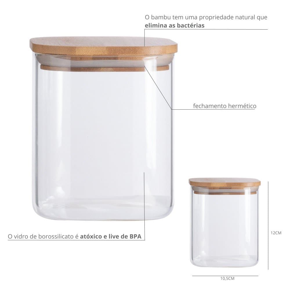 Pote de Vidro com Tampa de Bambu Oikos 800ML Hermético Quadrado